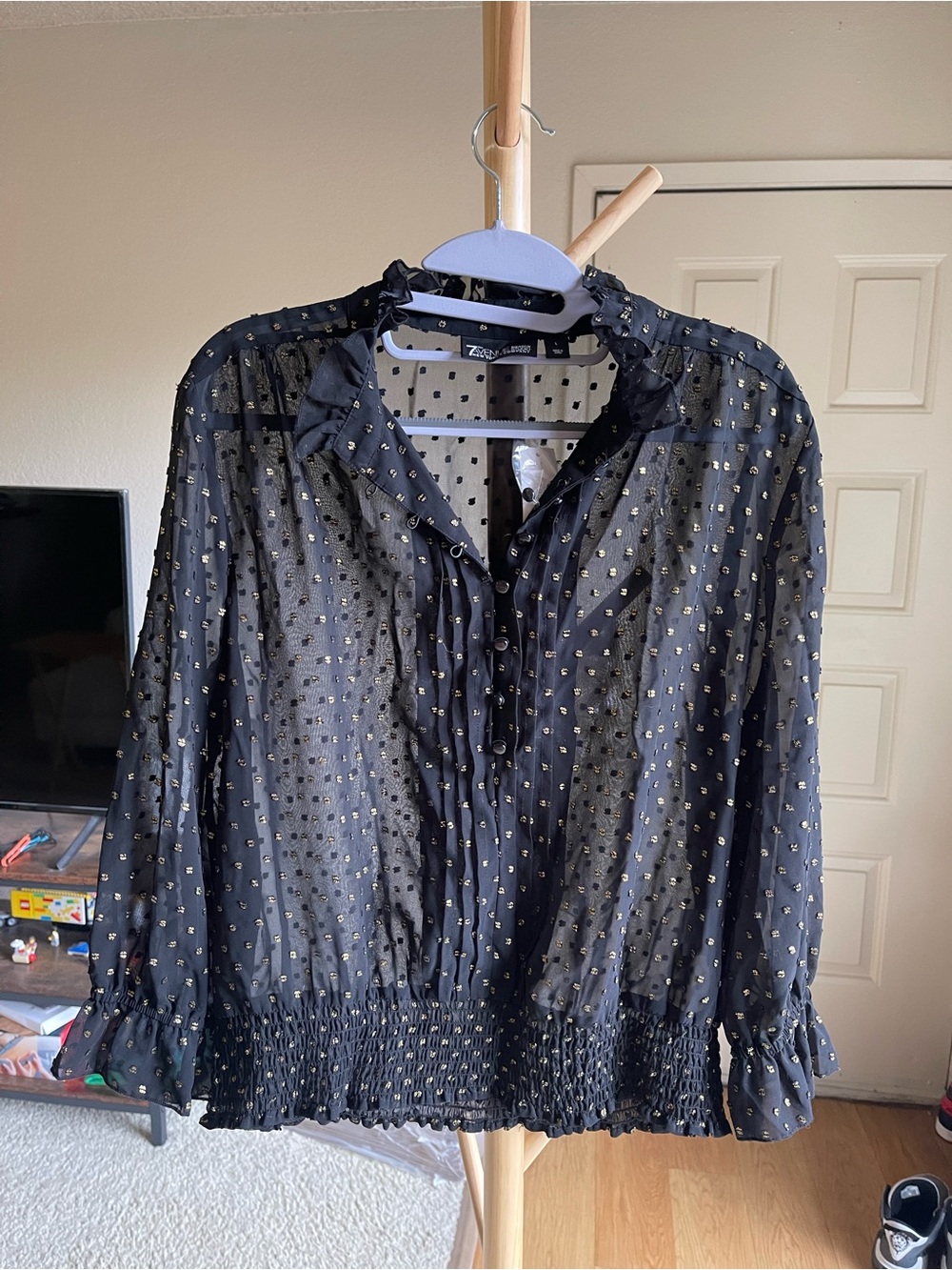 New York & Company Black Sheer Blouse with Gold Dot Accents